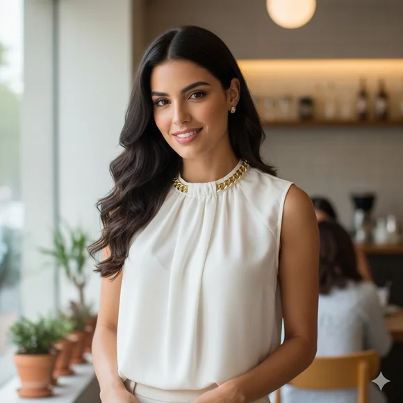 🌿Michael Kors Women's Small Ivory Chain-Neck Sleeveless Blouse - Elegant Classy - Picture 10 of 12